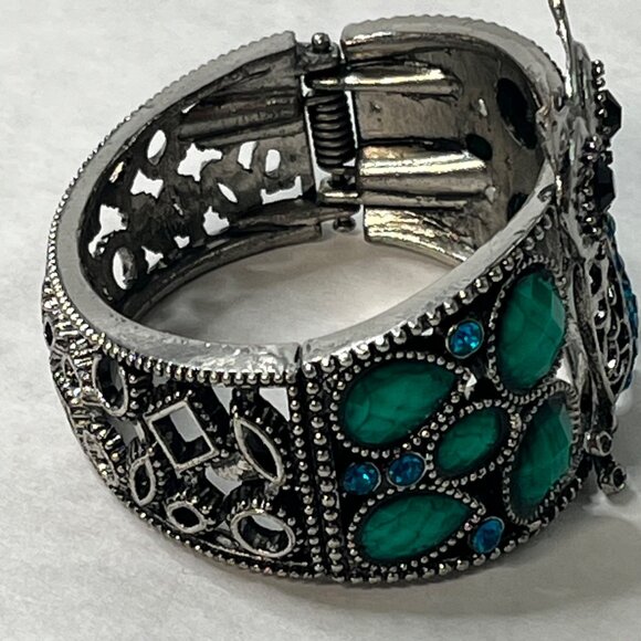 Silver Owl Cuff Bracelet With Green & Blue Gemstones Hinged Closure Intricate De - Picture 4 of 5